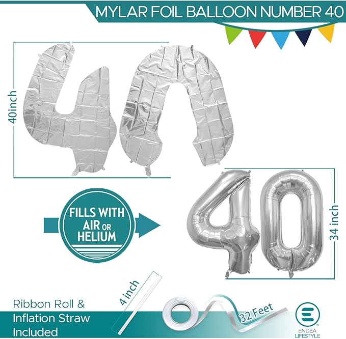 40 Inch Large Number Celebration and Decoration Balloon for Birthday Parties, Graduations, Anniversaries, Weddings, Photo Shoots, Special Events - Helium Foil Mylar (Silver Number 40)