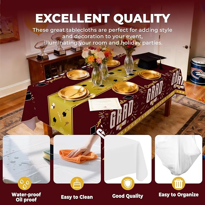 6 Pack Disposable Plastic Tablecloth 54" x 108" Burgundy Class of 2026 Grad Party Table Cloths Disposable for 6 to 8 Foot Tables Graduation Party Indoor or Outdoor (Graduation Burgundy)