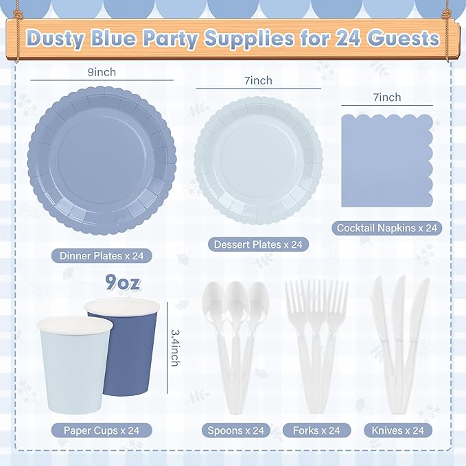 168 Pcs Dusty Blue Paper Plates and Napkins, Baby Blue Paper Plates Party Supplies for 24 Guests Include Gradient Scalloped Plates Paper Napkin Cup Knife Fork Spoon for Baby Shower, Wedding, Birthday