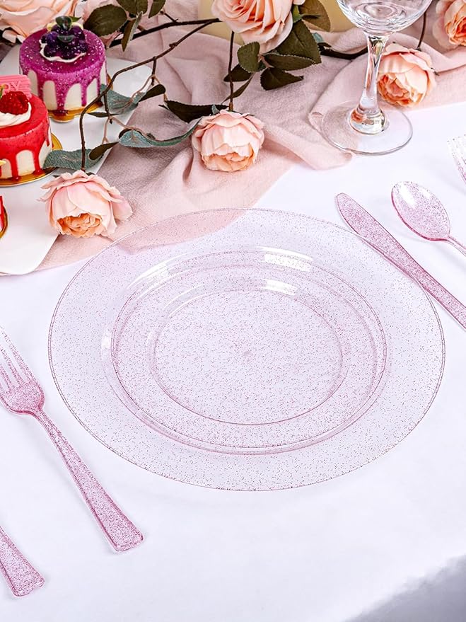 WDF 200PCS Pink Plastic Plates - Rose Gold Glitter Plastic Plates - Heavy Duty Pink Glitter Disposable Plates for Wedding Baby Shower Spring Birthday Easter