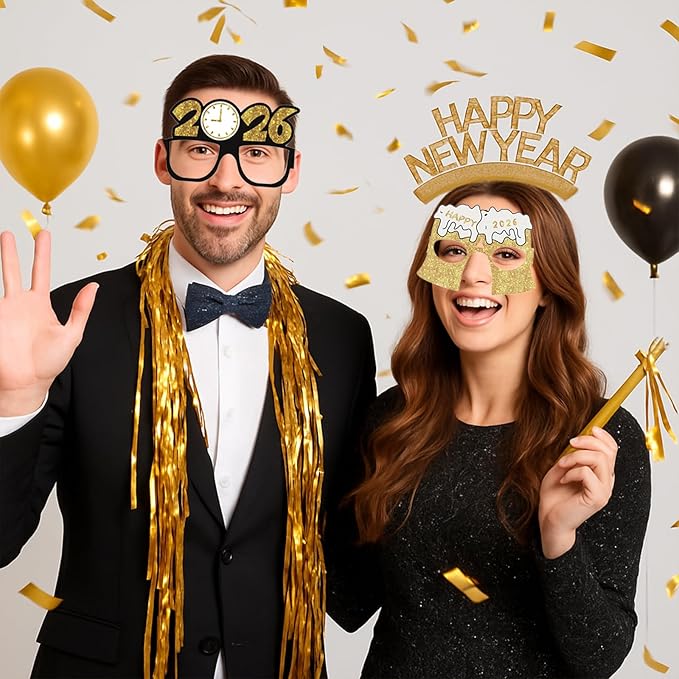 New Years Eve Party Supplies 2026 – 48 PCS Celebration Kit with Headbands, Glasses, Necklaces, Noise Makers& Wristbands – Gold Silver Happy New Year Decorations