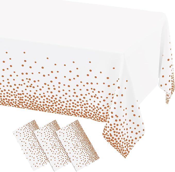 misaya 3 Packs Dot Disposable Table Cloth, 54 x 108 Inch Waterproof Plastic Tablecloth, Rectangle Rose Gold Dots in White Table Covers for Easter, Picnic, Birthday, Party