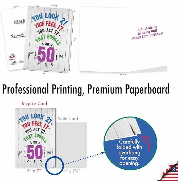 NobleWorks - 50th Funny Milestone Birthday for Men and Women, Celebrate and Congrats Notecard with Envelope - Age Equation 50 Birthday C7195MBG