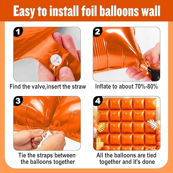 25Pcs Orange Square Foil Balloons Wall Backdrop, Double Sided Metallic Foil Balloons Tunnel Arch Garland Kit for Photo Booth Birthday Wedding Graduation Halloween Party Decorations