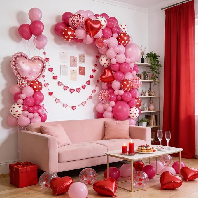 Valentines Day Balloons Arch Kit, Hot Pink White Red Heart Print Confetti Blloons with Heart Foil Balloon for Valentines Day Decorations Wedding Engagement Anniversary Supplies