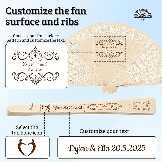 10Pcs Personalized wedding fans for guests, Custom Summer Wedding Fans, Unique Bridal Shower Party Favors, Handcrafted Wooden Fans for Guests (Hollow wooden fan)