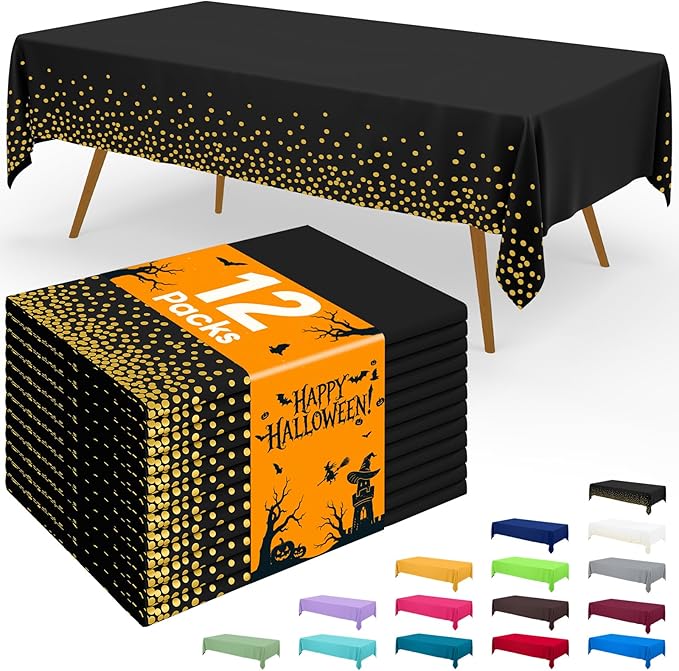 Smiry Disposable Table Cloth - 12 Pack, 54 x 108 Inch Waterproof Rectangle Tablecloths for Parties, Decorative Plastic Table Cover, Leakproof & Sturdy, Black & Gold