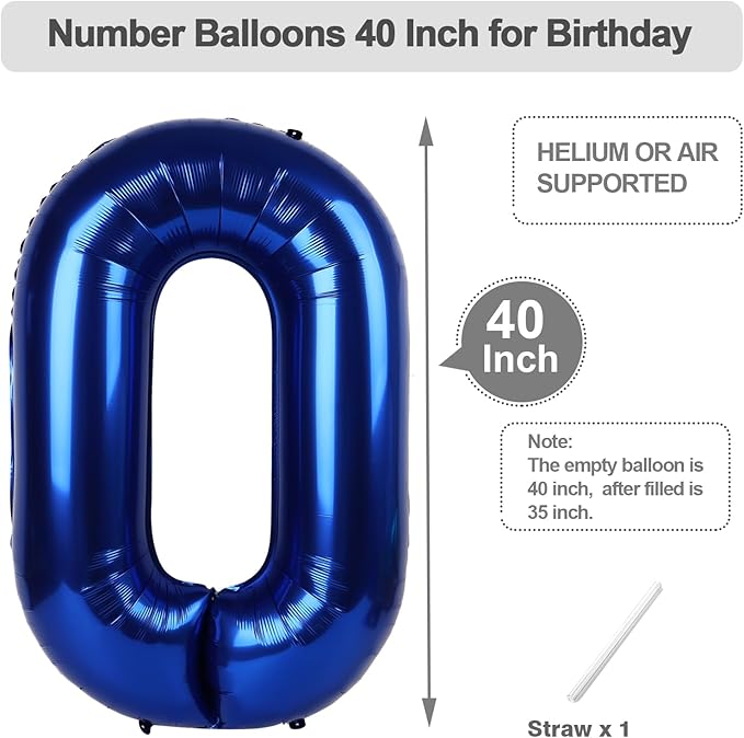 40 Inch Balloons Number, Navy Blue Balloons for Birthday Party Decoration, Foil Number 0 Ballon for 0, 10, 20, 100, 2026 Celebration, Birthday, Baby Shower, Anniversary Decor