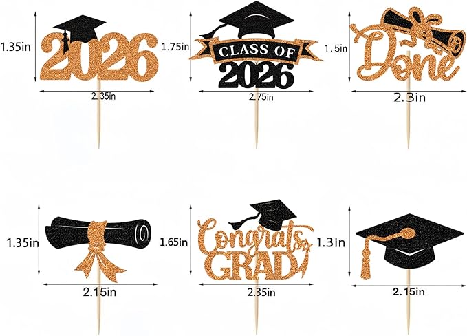 2026 Graduation Cupcake Toppers, 36 pack Orange Glitter Class of 2026 Congrats Grad Diploma Cap Cupcake Picks for 2026 Graduation Party decorating Supplies