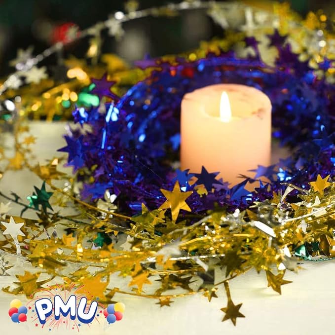 PMU 300 Ft Star Wire Shiny Garland Gold - Halloween, Christmas Party, Wedding, Birthday, Festive Home Decoration Ornament Gold (12pc-25Ft Each)