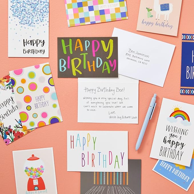 144 Pack Birthday Cards Bulk with Envelopes, 36 Colorful Designs for Adults and Kids, 10x15 cm