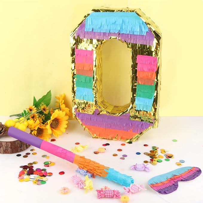 Rainbow Number 0 Pinata Birthday Decorations for Kids, Rainbow Pinata with Bat Stick Blindfold for Boys Girls Birthday Celebrations Baby Shower Party Supplies (16.1x10.6x2.9 Inches)
