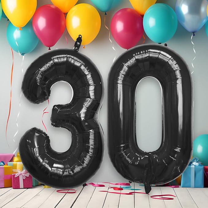 40 Inch Large Black Number Celebration and Decoration Balloon for Birthday Parties, Graduations, Anniversaries, Weddings, Photo Shoots, Special Events - Helium Foil Mylar (Black Number 30)