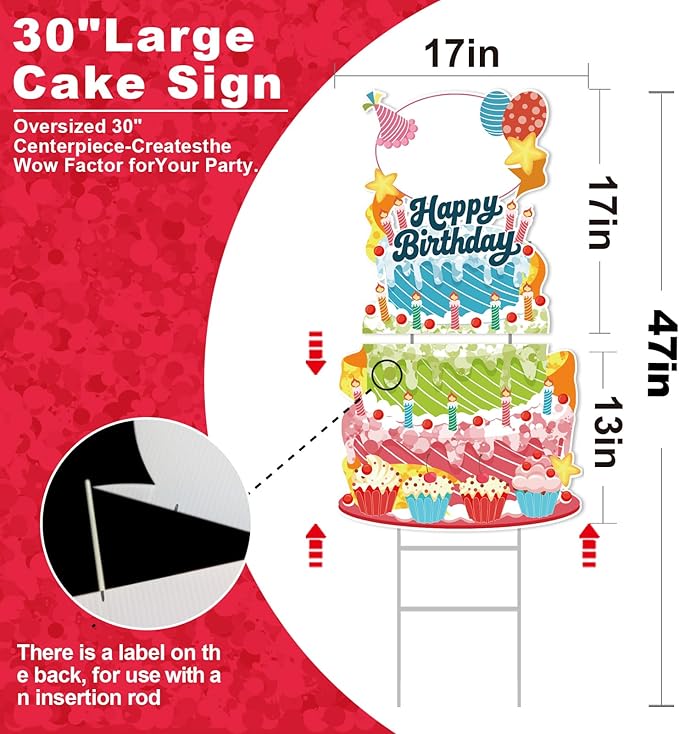 Happy Birthday Yard Sign Outdoor Decorations - 19 PCS Set with 16" Letters, 30" Large Cake Sign on H-Shaped Metal Stand, 32.8 Ft LED Lights & Stakes for Lawn Garden Happy Birthday Yard Sign With Stakes