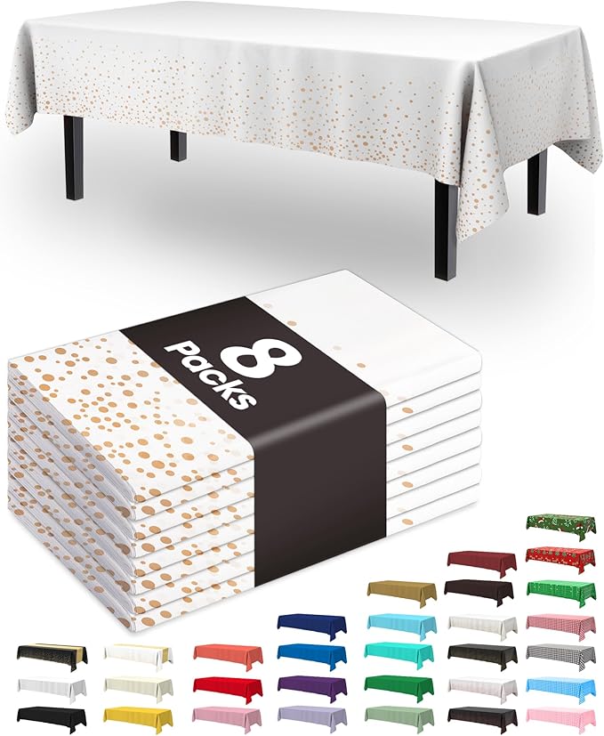Pureegg Plastic Table Cloth Disposable 8 Pack, 54 x 108 Inch Table Cloths, Graduation Decorations of 2026, Graduation Tablecloths, Rectangle, Plastic Cover, Leakproof & Sturdy, White and Rose Gold