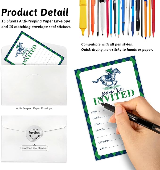 Kentucky Horse Derby Themed Shaped Fill-In Invitations card 15 Sheets with Envelopes, Horse Rac Party Belmont Parties Invites, for Teen Boys Girls Adults Birthday Sports Tennis Party