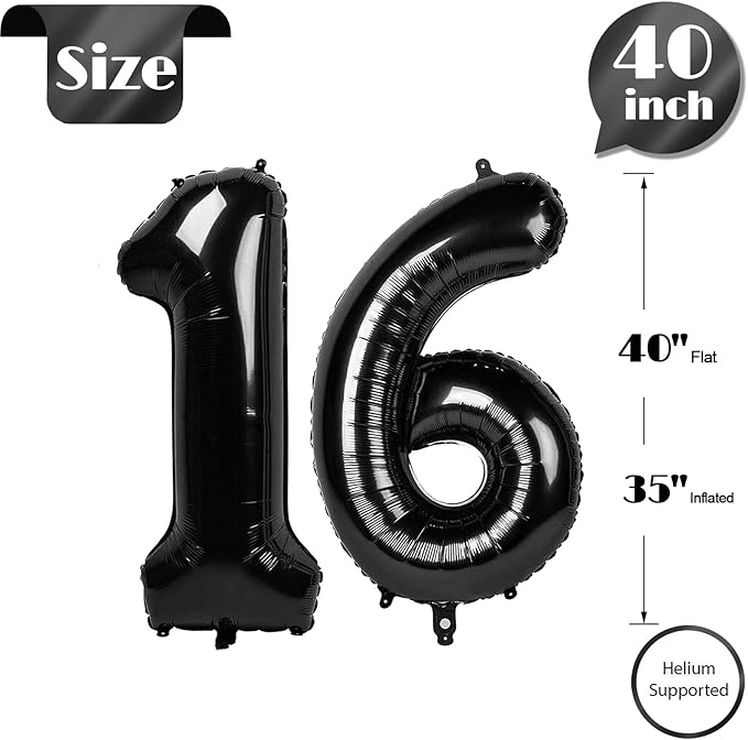 16 Balloon Number, Black Number 16th Birthday Balloons 40 Inch, Sweet 16 Years Old Black Birthday Decorations for Boys Girls, 16th Anniversary Decorations