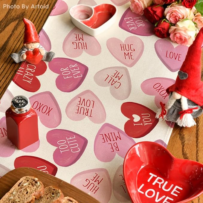 Artoid Mode Pink Ture Love Heart Valentine's Table Runner, Festival Anniversary Kitchen Dining Table Decoration for Home Party Decor 13x48 Inch