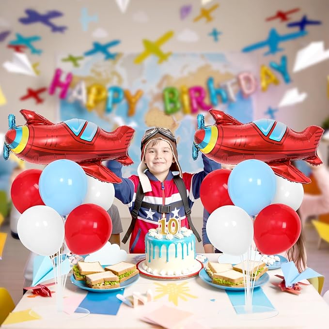 4 Sets Airplane Birthday Party Balloons Stand Kit with 4 Plane Helicopter Foil Balloons Red Blue White Theme Party Balloon Centerpiece for Table for Adventure Time Flies Baby Shower Parties Decoration