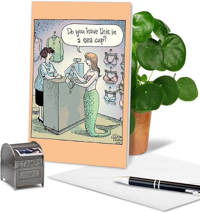 NobleWorks - 1 Funny Cartoon Birthday Greeting Card - Women's Humor Happy Birthdays Wishes Card - Mermaid Bra C6951BDG