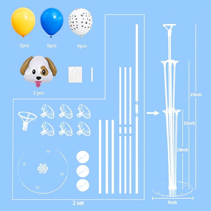 Dog Emoticon Balloon Table Centerpiece Stand Kit 2 Sets for Table with 2 PCS Dog Head Foil Balloons, 14 PCS Paw Print Yellow Blue Latex Balloons for Puppy Birthday, Doggy Party Decorations Supplies