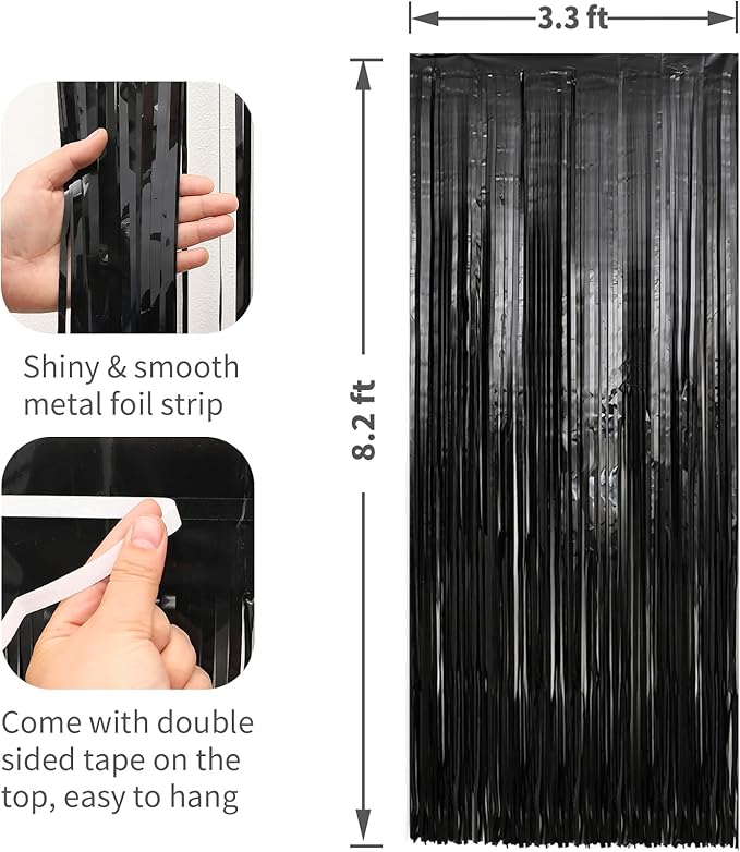 4 Pack Black Foil Fringe Curtains Door Streamers Party Decorations 3.3 x 8.2 ft, Tinsel Curtain Fringe Backdrop for Parties, Door Fringe Birthday Streamers, Photo Booth Backdrops, Party Decor