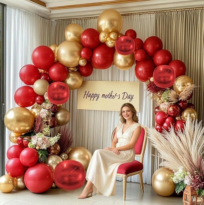 Red and Gold Balloon Garland Double Stuffed Ruby Red Gold Balloons Arch Kit With Mylar Balloon for Birthday Wedding Engagement Baby Shower Anniversary Party Decoration