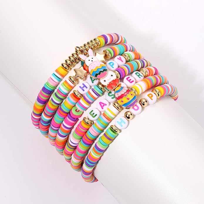 Surfer Heishi Bracelets for Women Stackable Rainbow Vinyl Disc Clay Beaded Stretch Bracelets Elastic Layering Friendship Bracelets Boho Summer Beach Jewelry
