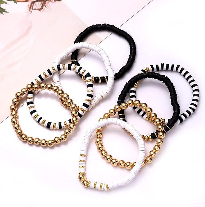 Surfer Heishi Bracelets for Women Stackable Rainbow Vinyl Disc Clay Beaded Stretch Bracelets Elastic Layering Friendship Bracelets Boho Summer Beach Jewelry
