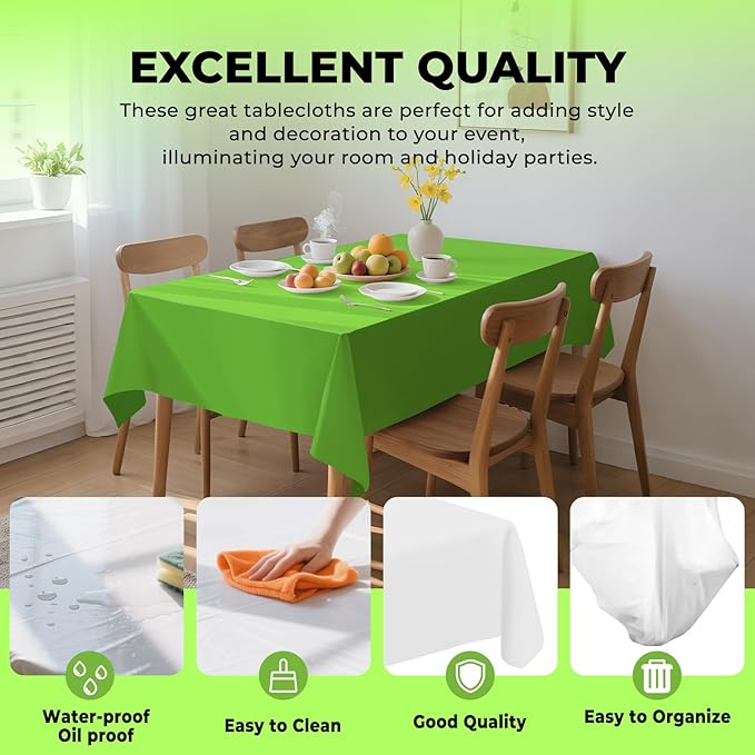6 Pack Premium Disposable Plastic Tablecloth 54" x 108" Party Table Cloths Disposable for 6 to 8 Foot Tables Indoor or Outdoor Birthdays Weddings Christmas Anniversary Buffet Table (Green)