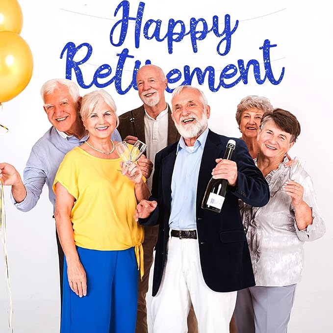 BEISHIDA Blue Glitter Happy Retirement Banner - Pre-Strung Banner Decoration for Women & Man, Party Supplies
