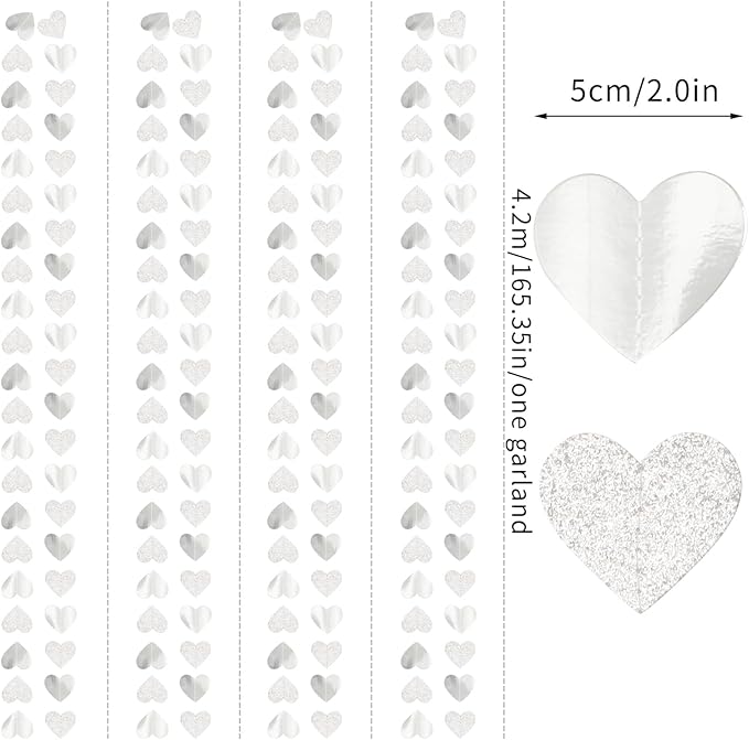 White -Silver Disco Party-Decoration Heart Garland - 52ft Birthday New Years Eve Hanging Backdrop Streamers,Graduation Engagement Wedding Bachelorette Winter Christmas Banner Decor Lasting Surprise