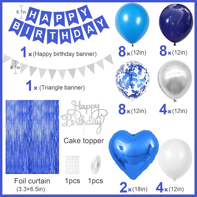 Blue Silver Birthday Decoration for Men,Navy Blue White Balloons Heart Foil Balloons Happy Birthdays Banner Fringe Curtain for Birthday Party Decorations
