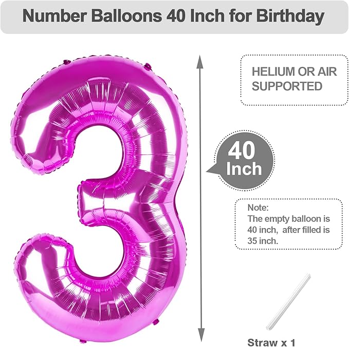 3 Birthday Balloons, 40 Inch 3 Balloon for Birthday Party Decoration, Rose Purple Number 3 Ballon for 3, 13, 23, 30 Celebration, Boy and Girl Birthdays, Wedding, Anniversary Decor