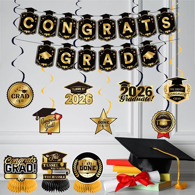 Graduation Decorations 2026 Gold Themed Set - Congrats Grad Banner, Class of 2026 Backdrop, Balloons & Streamers Kit - Complete Party Supplies for High School & College Celebrations