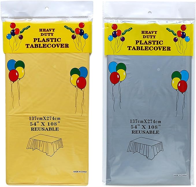 Plastic Tablecloths,Disposable Table Covers,Baby Shower Party Tablecovers,Tables Cloths for Birthday Wedding Parties 8 ft Rectangle Table Use,54 x 108 Inches,2 Pack,Yellow,Silver Gray.