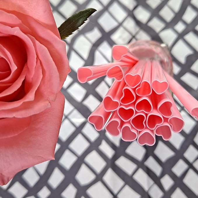 50pcs Heart Shaped Pink Straws Disposable Drinking Cute Straw Individually Wrapped Pink Plastic Straw Galentines Day, Cocktail, Birthday Party, Bridal Shower, Wedding Decorations