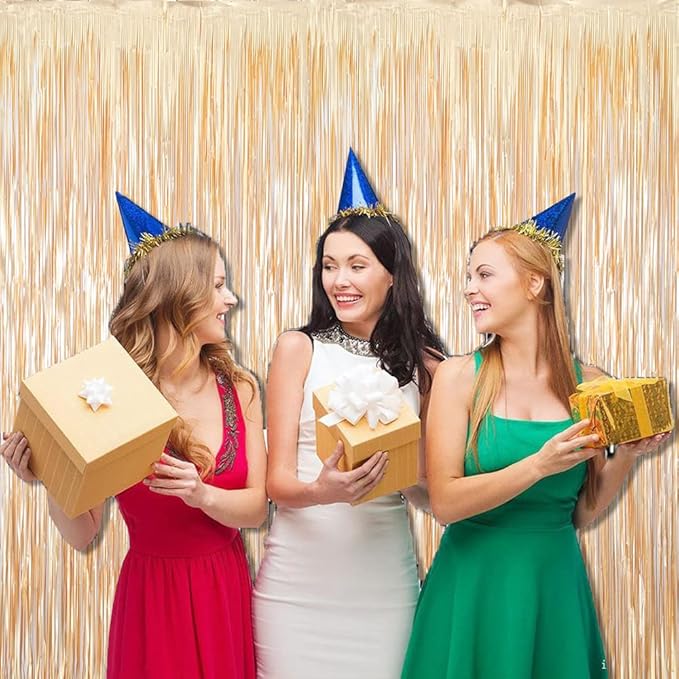 Light Gold Backdrop Curtains -6.6x9.8 feet, Pack of 2 | LILF Matte Foil Fringe Curtain with Non-Marking Tape | Tinsel Streamers Backdrop for Birthday Bachelorette Party Decoration Photo Booth Props