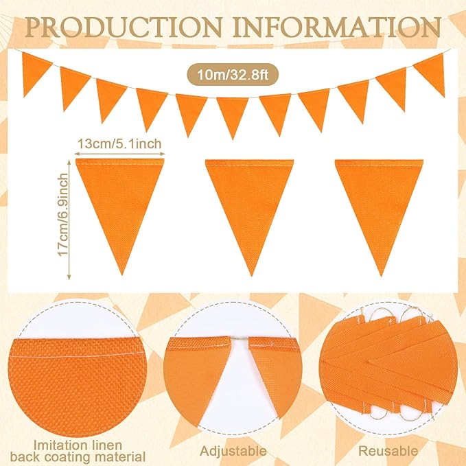 HESTYA 42 Pieces Pennant Banner Flags Orange String Hanging Fabric Hanging Triangle Bunting Flag for Grand Carnival Birthday Outdoor Events Classroom Party Supplies