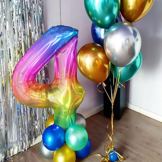 40 Inch Rainbow Number Balloon 4, Large Number Foil Balloons Mylar for Girl Boy Birthday Party Celebration Decorations Supplies, Digital Balloons for Wedding Anniversary Events Decorations