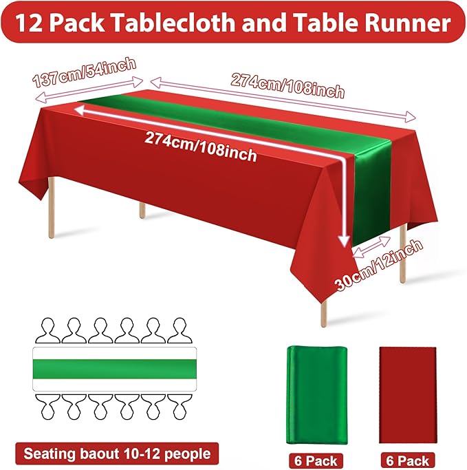 12 Pack 12x108 Inch Satin Table Runner and 84 Inch Rectangle Plastic Tablecloths Set Christmas Red and Green Disposable Table Cloth for New Year Christmas Wedding Holiday Anniversary Party Decorations