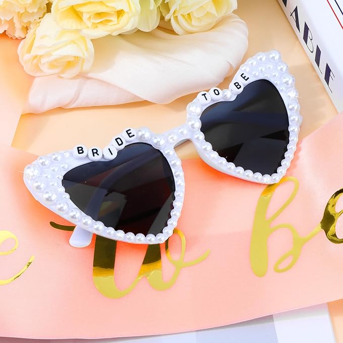 Bride to Be Set: Pearl-Trimmed Heart Sunglasses, Pearl BRIDE Sash & Tulle Veil - Bachelorette Party Bridal Accessories