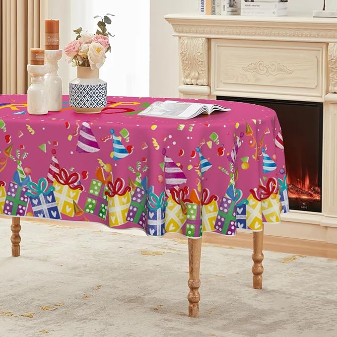 Horaldaily Birthday Tablecloth 60x84 Inch Oval, Happy Birthday Ballon Pink Washable Seasonal Table Cover for Party Picnic Dinner Decor