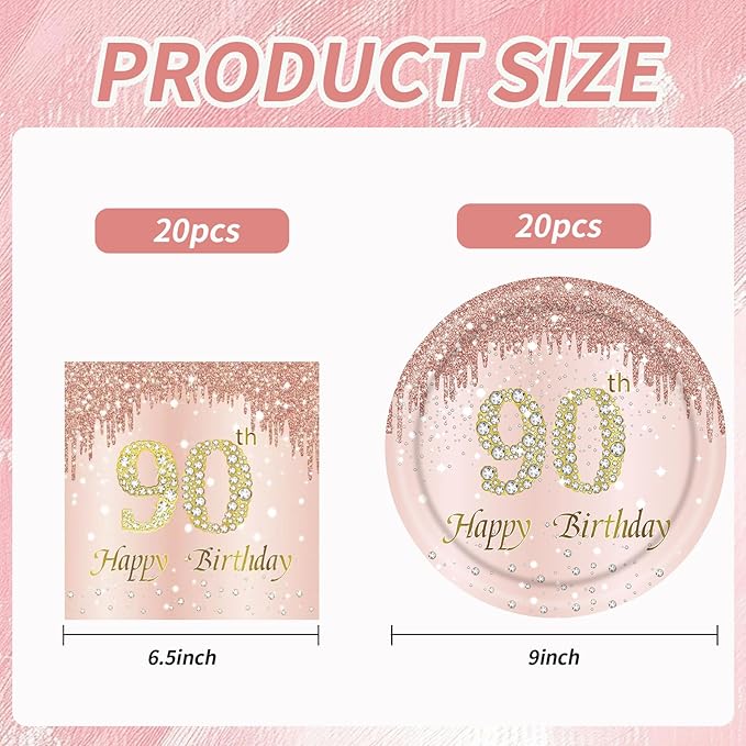 90th Rose Gold Birthday Plates and Napkins, 9 Inch Pink Rose Gold Disposable Dinner Dessert Plates Happy 90th Birthday Party Supplies Decorations for Girls Women