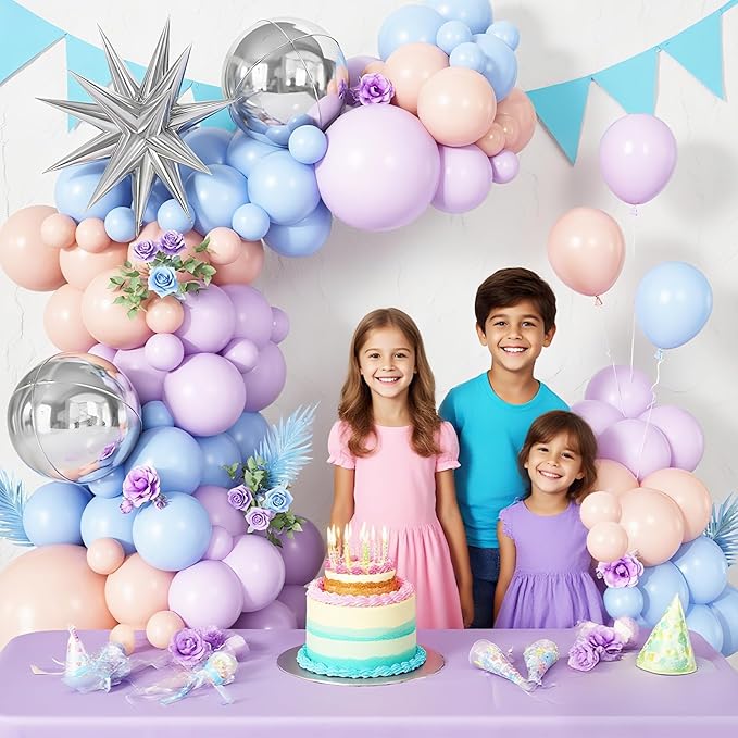 Pastel Balloon Arch Garland Kit with Macaron Blue Purple Orange Balloons Silver Star Foil Balloon for Birthday Baby Shower Wedding Party Decorations