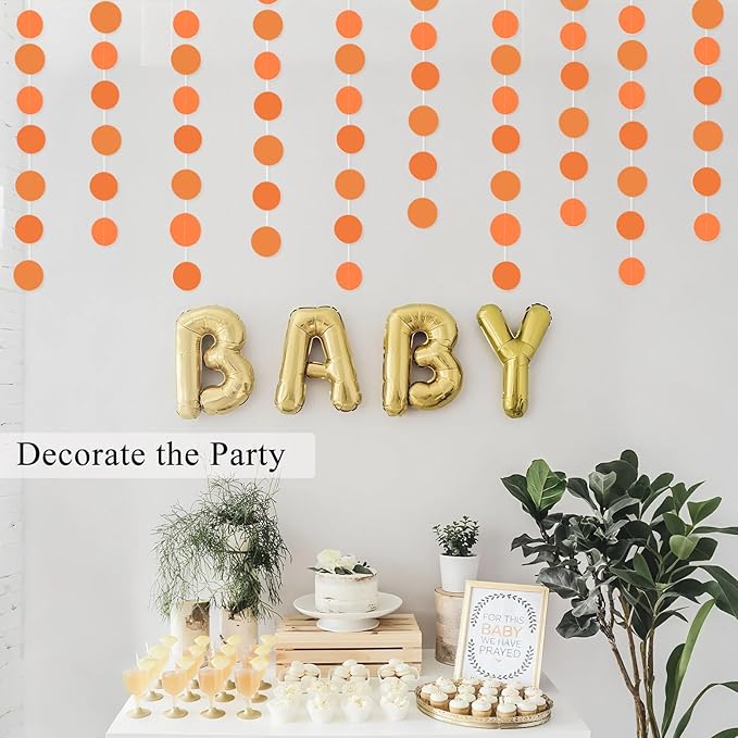 MerryNine Paper Garland 5 Pack, 65 Ft Paper Garland Circle Dots Hanging Decor, Banner for Baby Shower, Birthday, Nursery Party Decor (Orange)