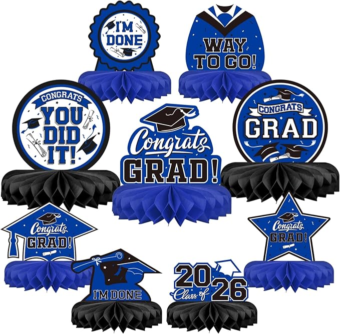 9PCS Graduation Party Decorations Class of 2026 Congrats Grad Table Centerpiece Congratulate Graduation Honeycomb Table Toppers for Graduation Party Supplies(Blue,Black）
