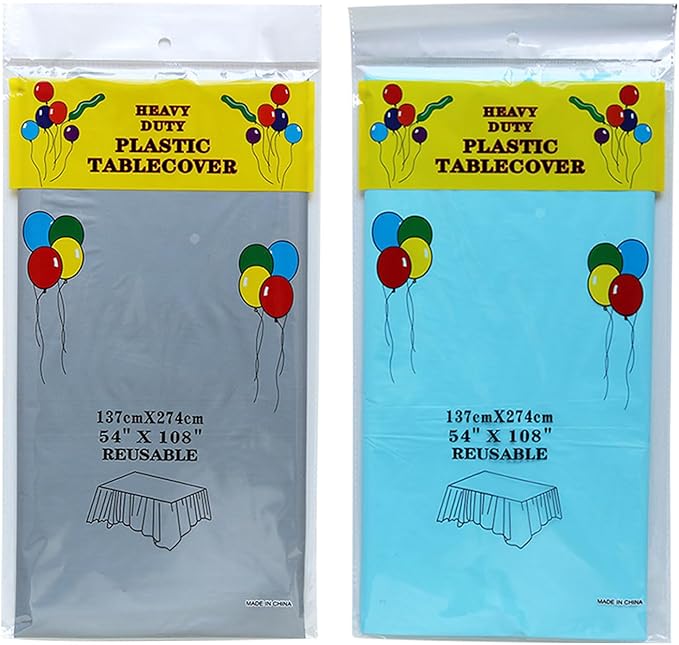 Plastic Tablecloths,Disposable Tablecovers,Baby Shower Party Tablecovers,Table Cloths for Picnic Birthday Wedding Parties 8 ft Rectangle Table Use,54 x 108 Inches,2 Pack,Light Blue,Silver.