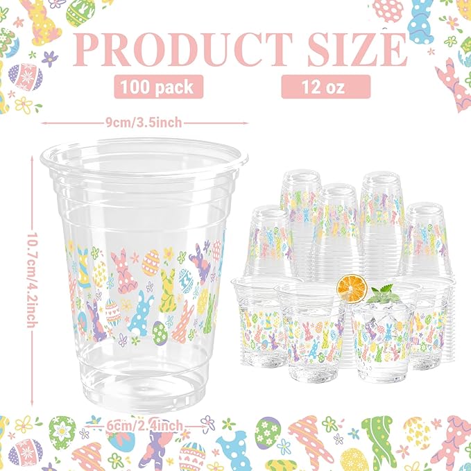 100 Pcs Easter Plastic Cups, 12 Oz Rabbit Bunny Eggs Disposable Clear Party Cups for Spring Easter Party Decoration Supplies Cold Drinking Beverage Ice Cream Snacks