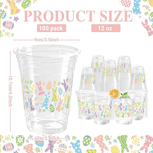 100 Pcs Easter Plastic Cups, 12 Oz Rabbit Bunny Eggs Disposable Clear Party Cups for Spring Easter Party Decoration Supplies Cold Drinking Beverage Ice Cream Snacks